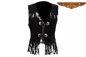 Black Women's Suede Leather Motorcycle Biker Club Vest With Beaded And Fringe - Picture 1 of 5