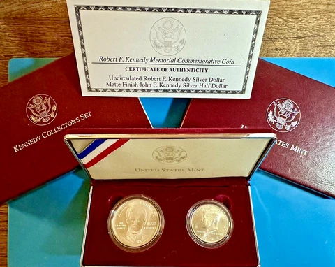 1998 90% Kennedy Collectors Set 2 Coins! Matte Finish Half + Silver Dollar GemBU Cover