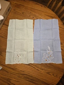 Two Linen Fingertip Tea Towels Cutwork Blue Ivory Flowers - Picture 1 of 7