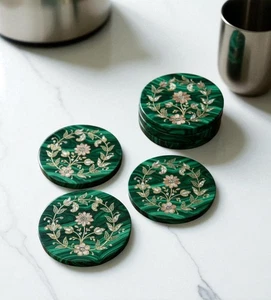 4" Natural Malachite Stone Coaster Elegant Green Gemstone Drinkware for Home Bar - Picture 1 of 5