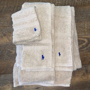 Ralph Lauren Polo Logo Tan 3Pc Towel Set 1 Bath 1 Hand 1 Wash Cloth Vtg - Picture 1 of 4