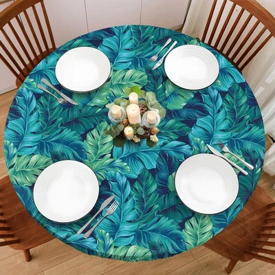 Mantel de vinilo ajustado redondo hoja de palma 48 pulgadas con bordes elásticos, impermeable... Foto 1 de 4