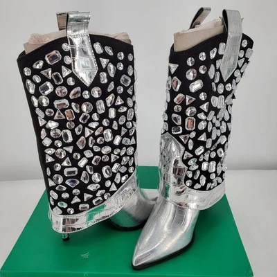 Lauren Lorraine Womens 8.5 Hana Silver Rhinestone High Heel Boots M085 New - Image 1 of 4