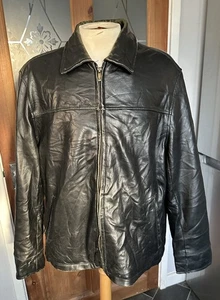 Chaps Black Leather Jacket Mens Size L Distressed Zip Up Bomber Style Jacket - Picture 1 of 21