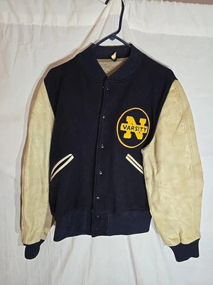Abrigo Chaqueta Letterman N Lana Cuero Años 50 Hecho en EE. UU. Talla 42 Universitario  Foto 1 de 4