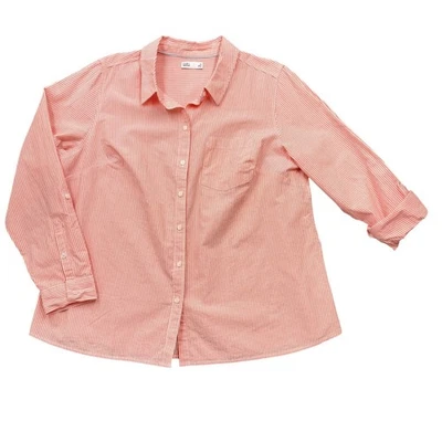 Camisa Clásica Croft & Barrow Mangas con Pestaña Enrollable Preppy Coral Rayas Para Mujer 1X NUEVA Foto 1 de 4