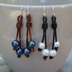 9-10mm Natural White Black Freshwater Pearl Dangle Leather Silver Hook Earrings - Picture 1 of 13