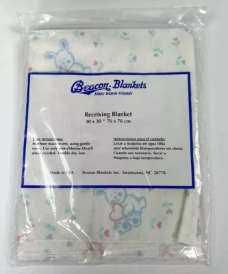 Cobertor de recepção Beacon bebê branco azul coelho corações 30 x 30 EUA VINTAGE - Imagem 1 de 4