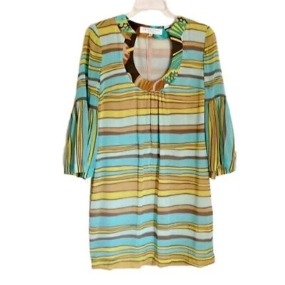 Mini Vestido Trina Turk Seda Boho Manga Corta Rayas Retro Brunch Recto Talla 2 Foto 1 de 4