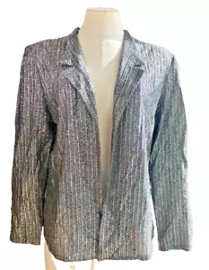 1980s Metallic Silver and Black Light Semi-Sheer Unlined Blazer Top Women's Med - Picture 1 of 9