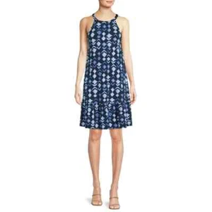 Time and Tru Knit Halter Dress Women's XS Dark Navy Geometric 100% Polyester - Picture 1 of 5