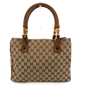 Vintage Gucci GG Leather Canvas Brown Bamboo Tote Shoulder Bag - Picture 1 of 19