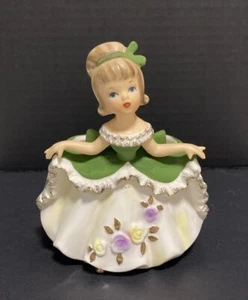 Vintage RELPO Übertopf grün Goldrand Petticoat Curtsy Girl Keramik Made Japan - Bild 1 von 16
