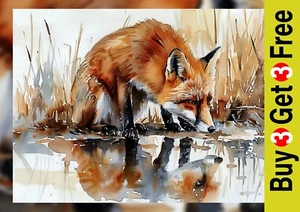 Wild Fox Reflection 5"x7" Print on Matte Paper | Serene Watercolor Wildlife Art - Picture 1 of 17