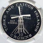 1977 TURKS AND CAICOS Salz Windmühle ALT Proof Silber 10 Kronenmünze NGC i85817