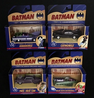 CORGI BATMAN DC COMICS LOT:THE JOKERMOBILE,CATMOBILE,TWO-FACE CAR,MOTHMOBILE NEW - Image 1 of 4