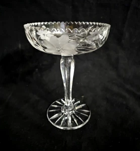 VINTAGE CUT CRYSTAL COMPOTE PEDESTAL BOWL ETCHED FLOWERS BUBBLE STEM  ANTIQUE CO - Picture 1 of 13