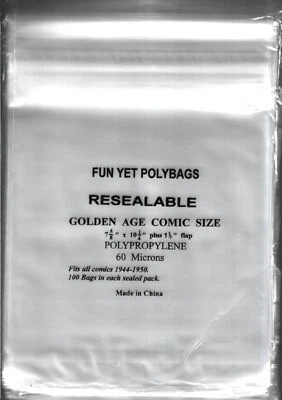 100 FUN-YET GOLDEN AGE COMIC BOOK SIZE BAGS / COVERS - 2.4 MIL THICK! FREE SHIP.
