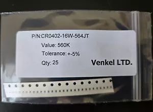 25pcs Venkel 560k ohms ±5% SMT Resistors 0402 (1005 Metric) CR0402-16W-564JT - Picture 1 of 1