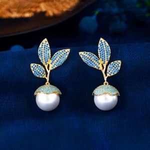 Goldfarbene CZ Türkis Blatt Ohrhänger Perlen für Frauen Bräute süßer Schmuck - Bild 1 von 9