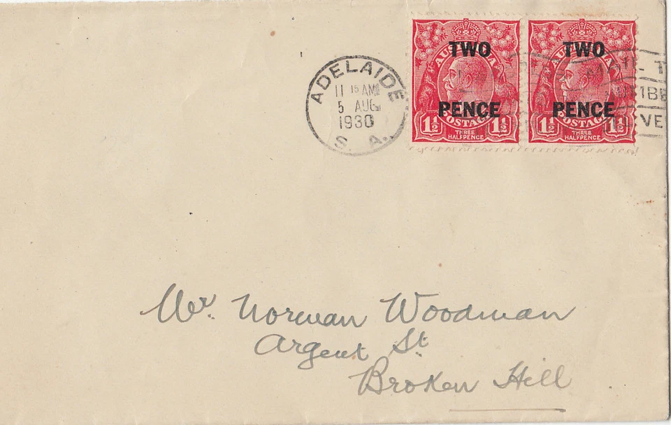 Stamp Australia 2d on 1&1/2d red KGV surcharge pair on cover Adelaide early use - Image 1 of 1