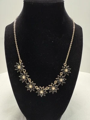 Womens APT 9 Bib Necklace Goldtone Black Rhinestone Floral Flowers - Image 1 of 4