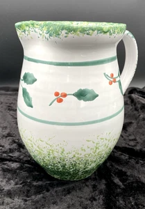Vintage Pier 1 Imports (Italy) Majolica Christmas Pitcher Hand-Painted Holly, 8" - Picture 1 of 11