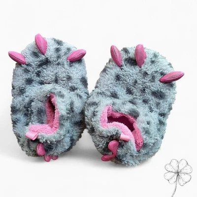 Zapatillas de casa gris y rosa difusas garra de dinosaurio monstruo niños talla 6 Foto 1 de 2