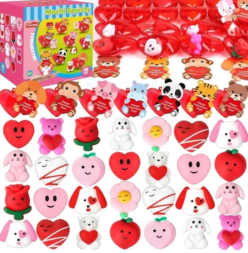 28 Pack Valentine Mochi Squishies Toys and Valentine Cards for Kids, Animal M... - Image 1 of 4