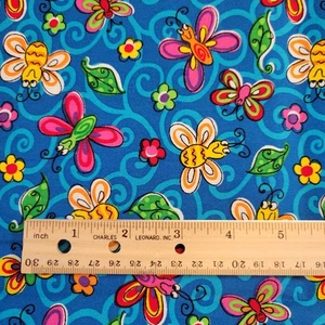 Cotton Fabric Colorful Butterflies Flowers on Blue 31x44 Quilting Cotton Piece - Picture 1 of 9