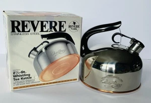 Tetera silbante Revere Ware de colección fondo de cobre nueva en caja 2 1/3 cuartos de galón - Imagen 1 de 18