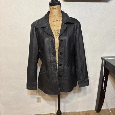 Chaqueta de Cuero Forenza Negra Cuello Abotonado Forrada Suave Años 90 Retro Foto 1 de 4