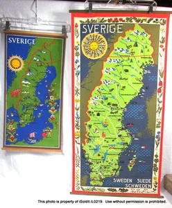 LOT 2 "SVERIGE" SWEDISH FABRIC MAP WALL HANGINGS Sweden Vintage - Picture 1 of 5