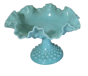 Fenton Aqua Turquesa Leche Vidrio Pedestal Cuenco Hobnail Volantes Vidrio 5.5" Alto - Imagen 1 de 7