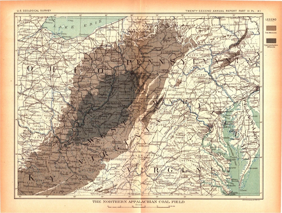 Northern Appalachian Coal Field – USGS Lithograph Map of Bituminous Zones 1902 - Image 1 of 1