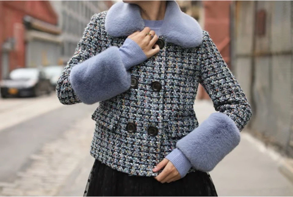 Abrigo blazer halógeno de tweed para mujer talla XS detalles de piel sintética multicolor Foto 1 de 4