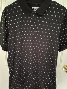 True Religion Black Polo Mens Large All Over Print White Logo World Tour - Picture 1 of 7