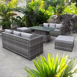 Malta Rattan 8 Seat Rising Table Set with Oversize Ottomans in Grey - Picture 1 of 8