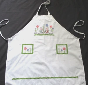 Adult Apron Bunnies Spring Finished Completed Hand Embroidery White - Picture 1 of 6