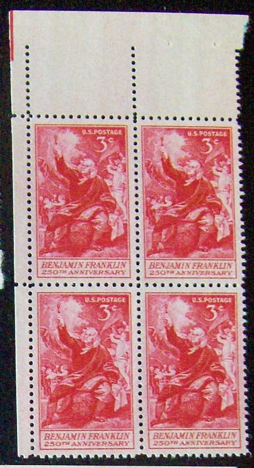 US 3¢ stamp SC #1073 250th ANNIVERSARY BENJAMIN FRANKLIN block of 4 MNH 1956. - Image 1 of 1