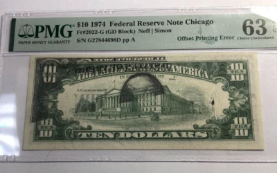 PMG CU63 EPQ 1974 $10 Federal Reserve Chicago Offset Printing Error Note [102DUA - Image 1 of 3
