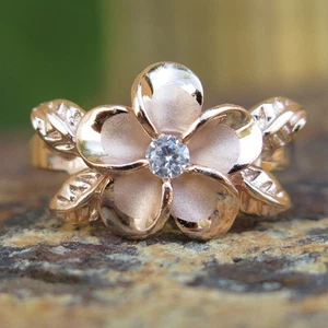 Hawaiian Silver Rose Gold 4 Leaves Plumeria Flower CZ Wedding Ring Band SR3289 - Picture 1 of 4