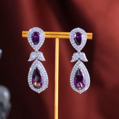 Pendientes colgantes enchapados en plata con circonita cúbica para mujer circonita cúbica púrpura hoja larga lágrima Foto 1 de 4