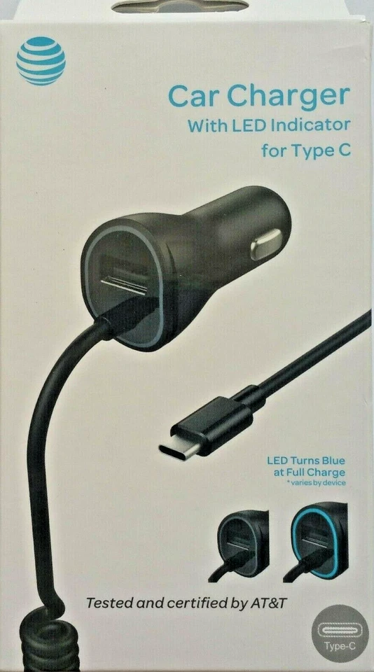 Cargador de Coche AT&T Tipo C Indicador LED Puerto USB Extra 4.8A - Negro - Original AT&T Foto 1 de 4