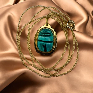 ANTIQUE- 14K Gold- Turquoise Scarab Faience Charm Necklace - Victorian Era -2.4g - Picture 1 of 24