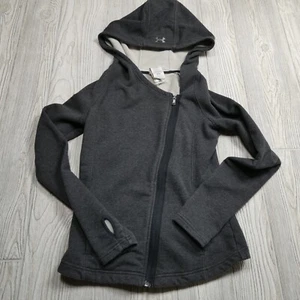 Under Armour Sweater Womens XS Angled Full Zip Hooded Sweatshirt Gray Thumbholes - Picture 1 of 9