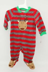 Infant Boys Red & Gray Striped Reindeer Christmas Footie Sleeper Pajamas 3Months