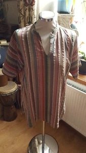 Unisex Top Short Sleeved Mandarin Collar 22.5" Pit To Pit Stripey Seersucker - Picture 1 of 7