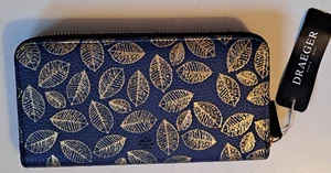 NEW - DRAEGER PARIS LARGE PURSE - NAVY BLUE WITH GOLD LEAVES - Picture 1 of 7