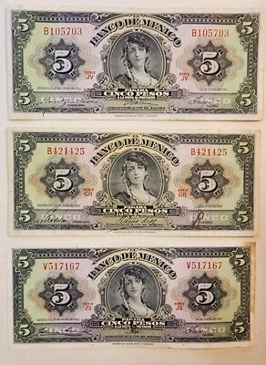 Qty 3 Bank Note 1961 Mexico 5 Pesos Billete Diferente Firma  Different Signature - Image 1 of 2